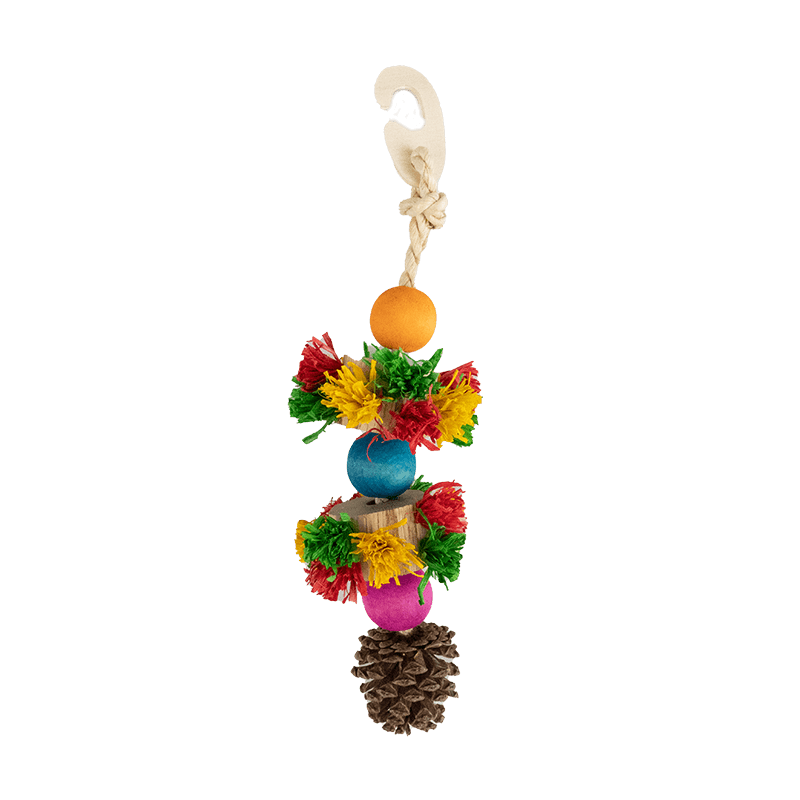 Pendentif oiseau coloré avec des pommes de pin